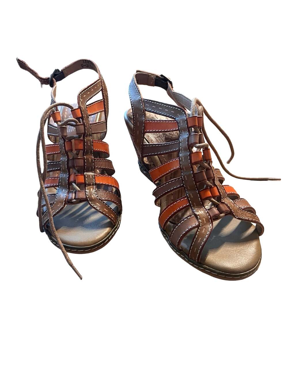 Spring Step L'Artiste O-Quinne Leather Wedge Sandals Size 8 Orange and Brown EUC